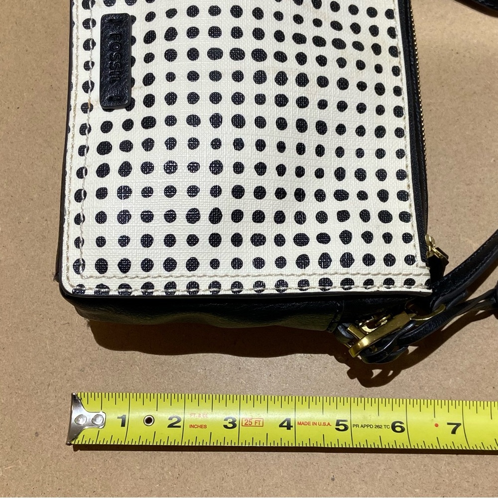 FOSSIL Polka Dot Brass Key Hardware Black White Leather Crossbody Square Bag - Picture 13 of 14